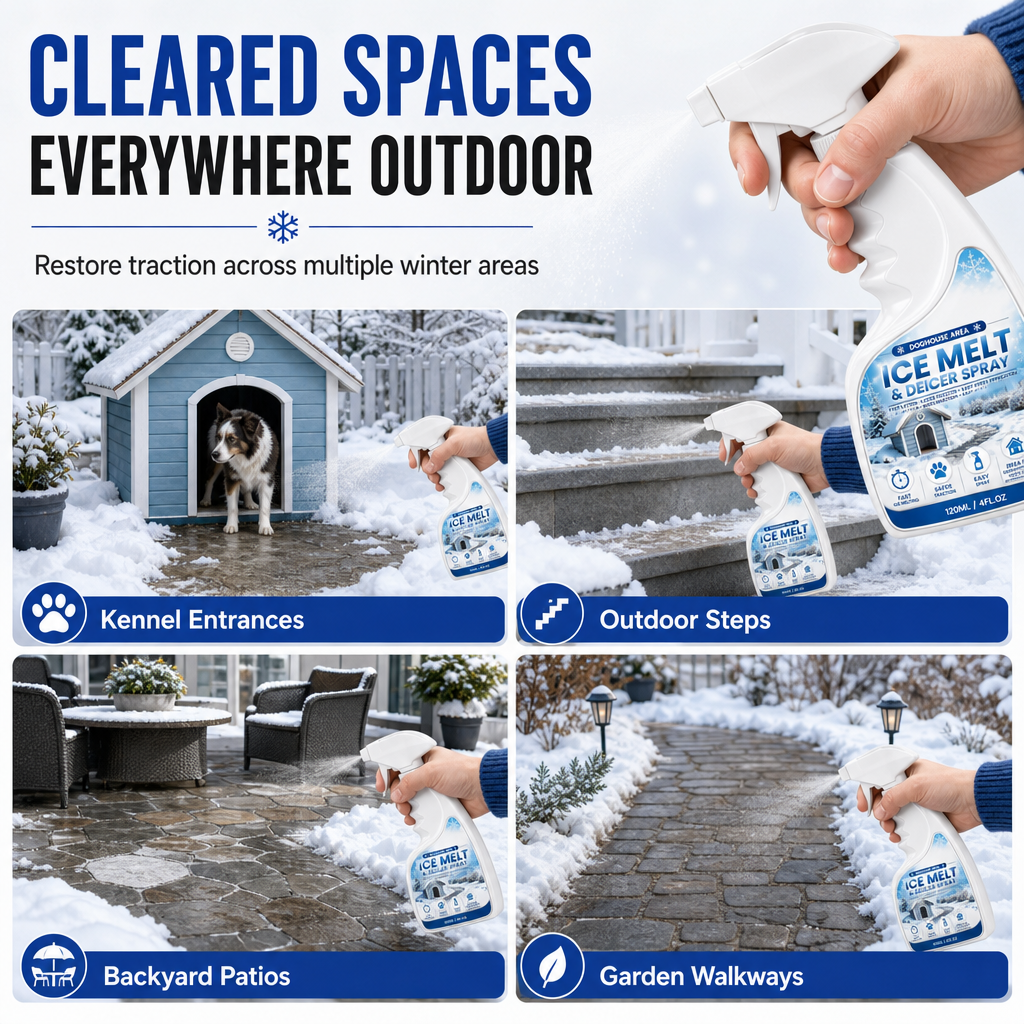 Outdoor De-Icing & Snow Melting Spray – pet-safe, dissolves frost on contact. Clear steps, walkways & patios fast!