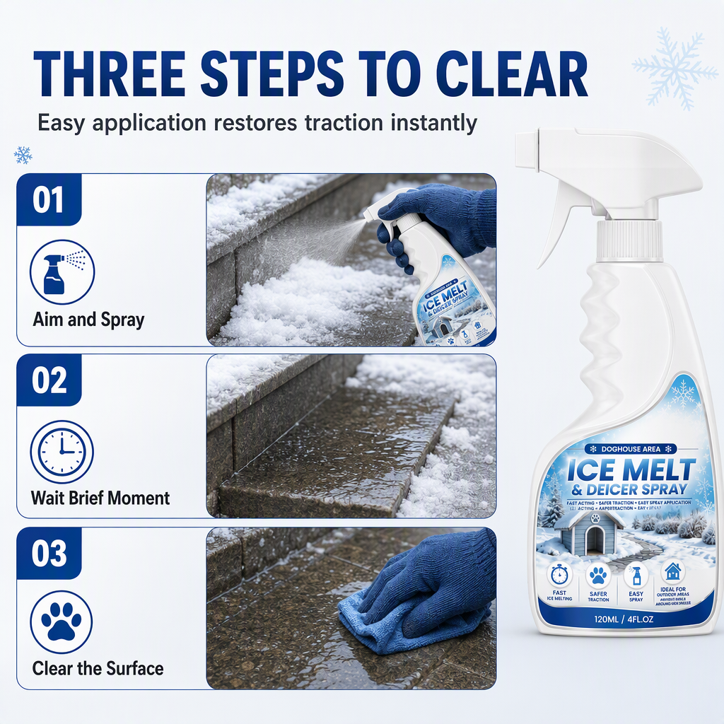 Outdoor De-Icing & Snow Melting Spray – pet-safe, dissolves frost on contact. Clear steps, walkways & patios fast!